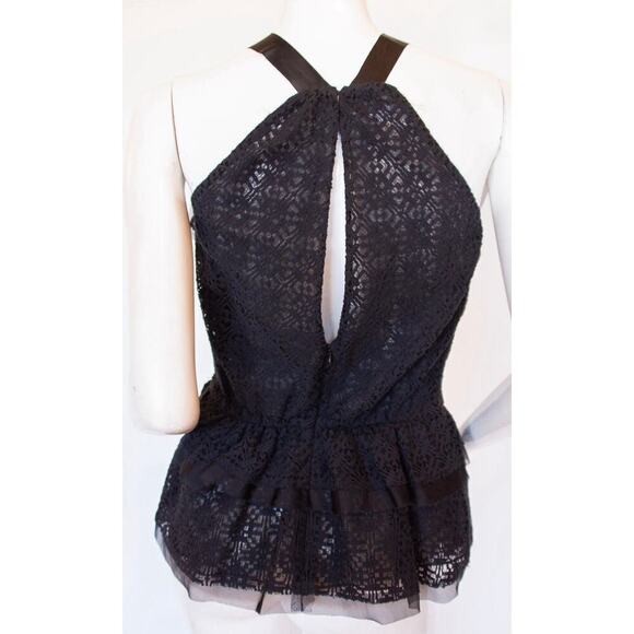 Oscar De La Renta Black Lace Halter Top with Two-Tier Ruffle Trim - Size 8 - Picture 4 of 6